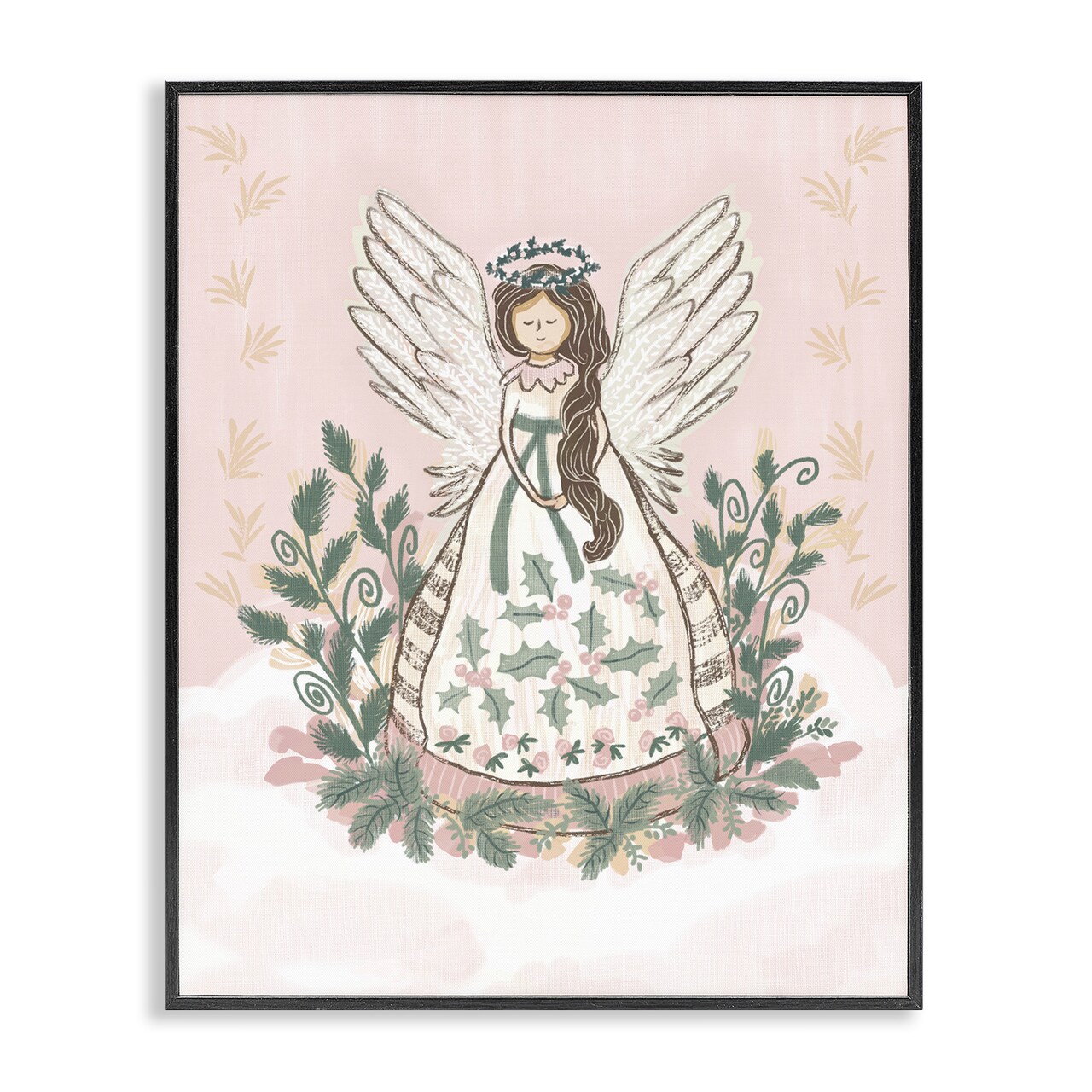 Stupell Industries Christmas Angel with Botanicals  Black Framed Giclee Art, design by Connie Summers
